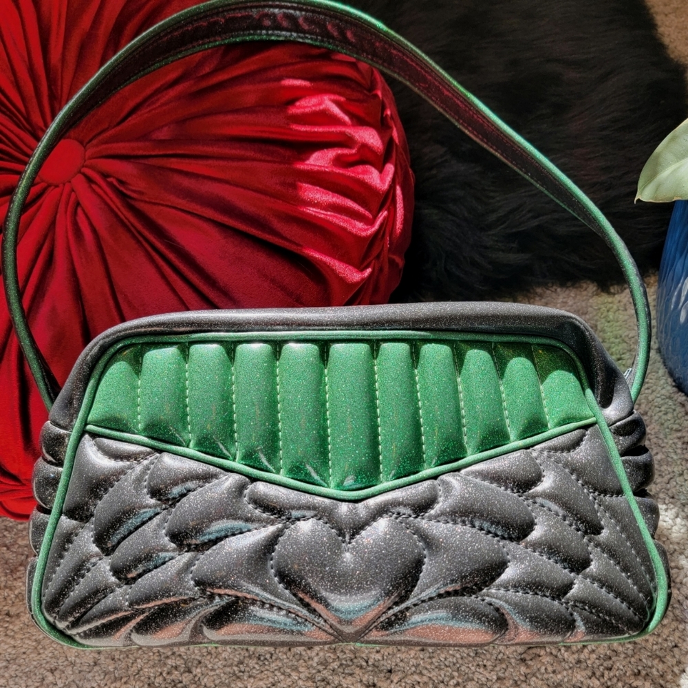 Vintage Retro Glitter Vinyl Spiderweb Heart Rockabilly Purse